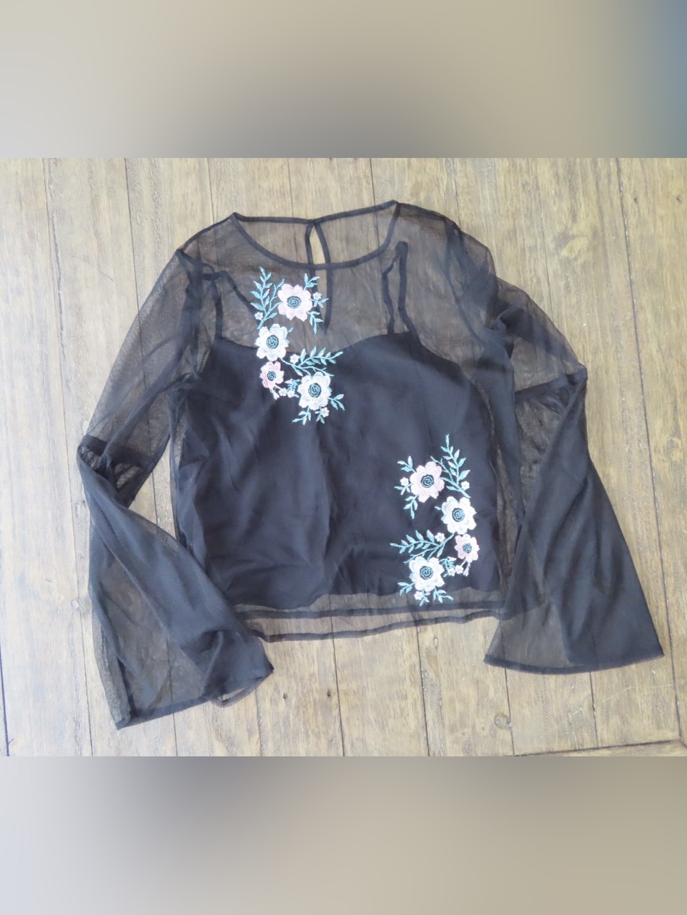 Hollister Black Sheer Long Sleeve Top with Pink & Light Blue Floral Embroidery
